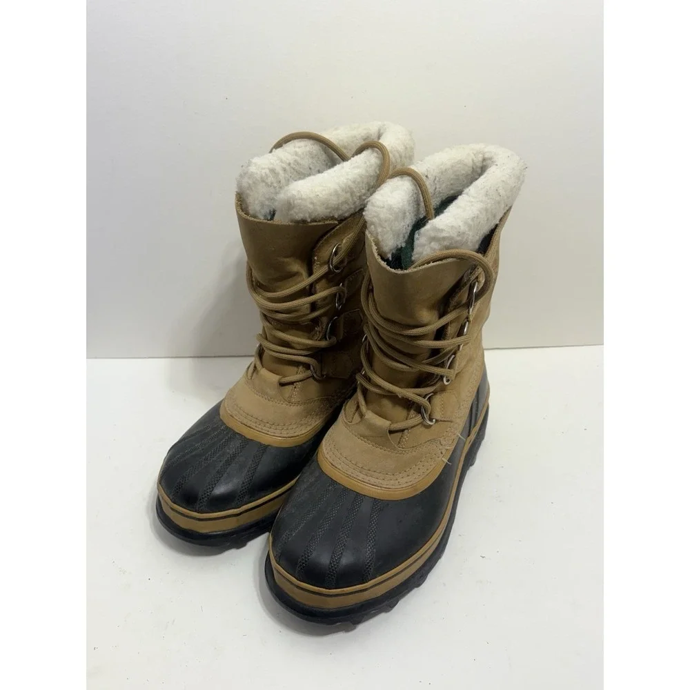 Sorel Caribou Women's Beige Leather, Waterproof Classic Lace Up Boots 8.5 Sherpa